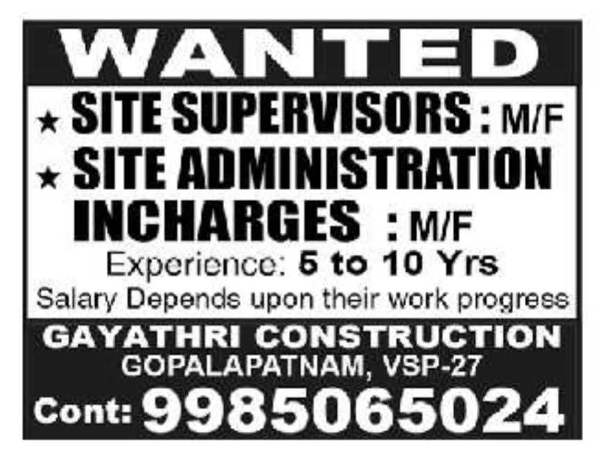 Hiring Site Supervisors & Administration Incharges