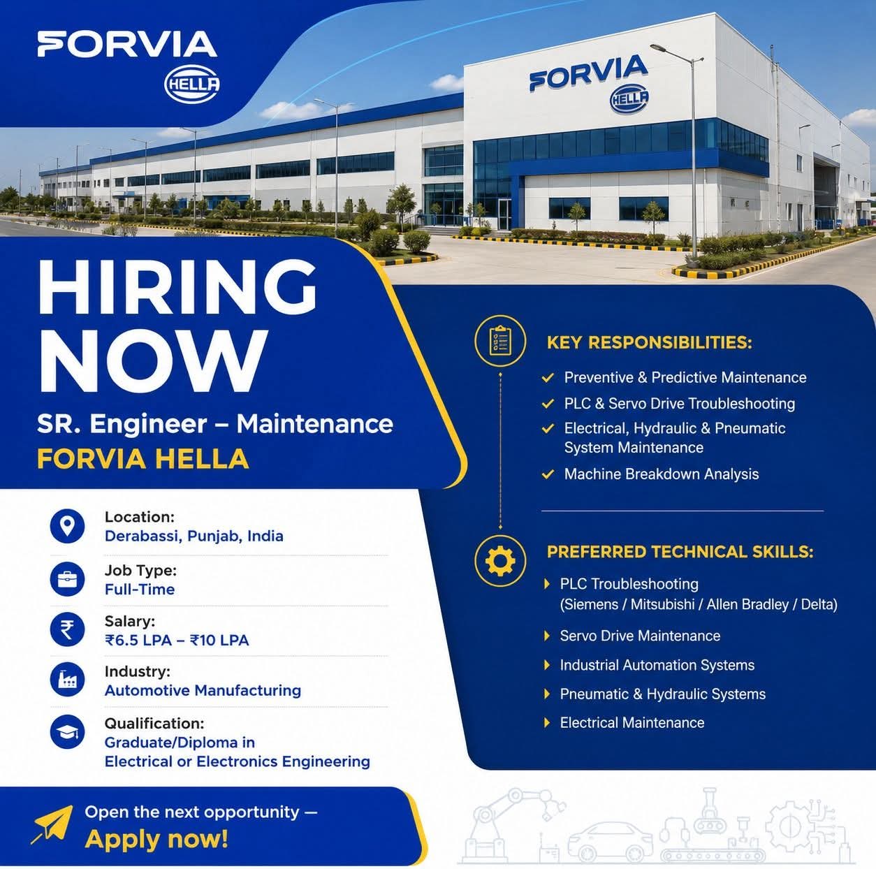 Hiring: Sr. Engineer – Maintenance at FORVIA HELLA