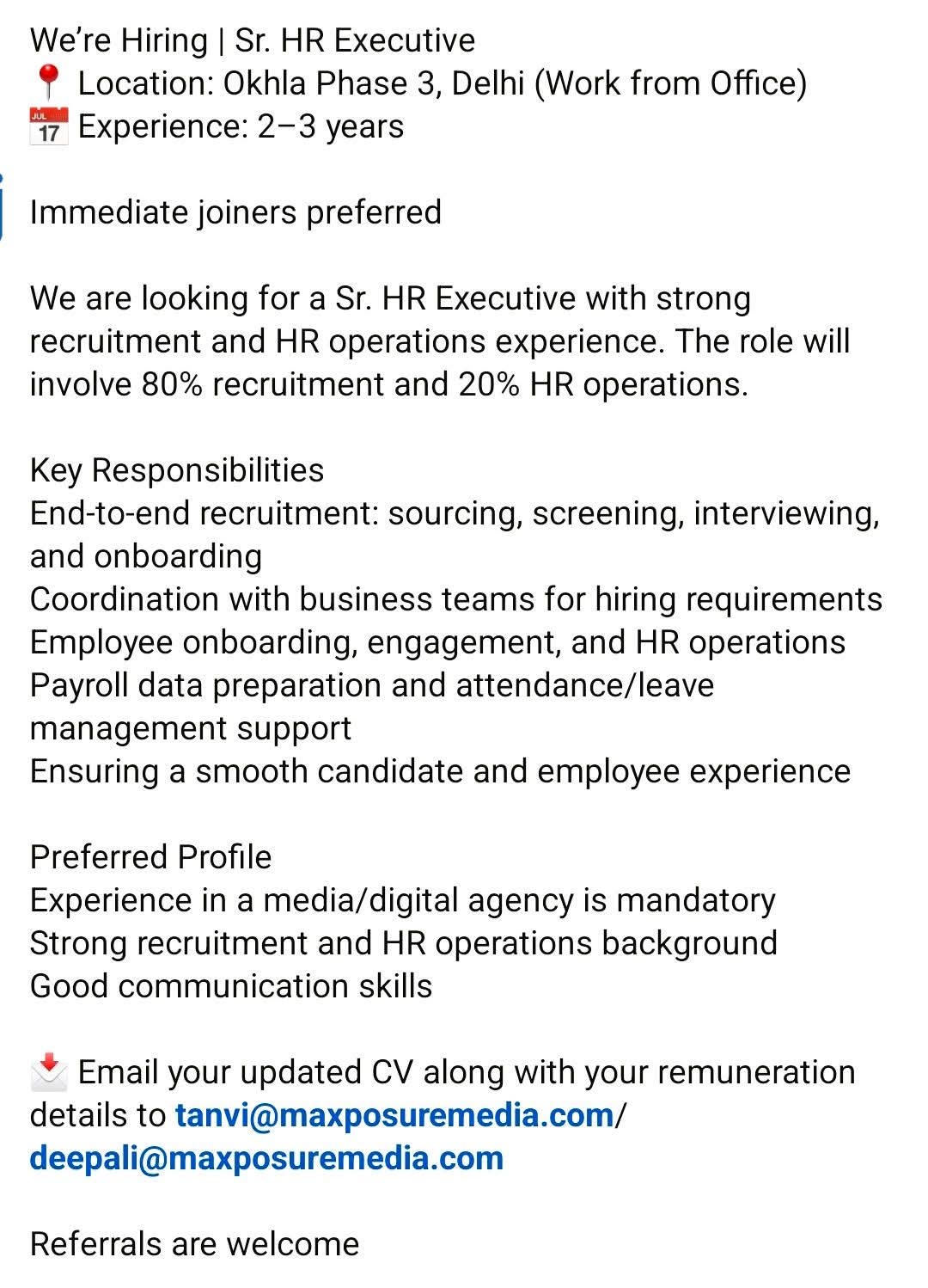 Hiring Sr. HR Executive - Maxposure Media
