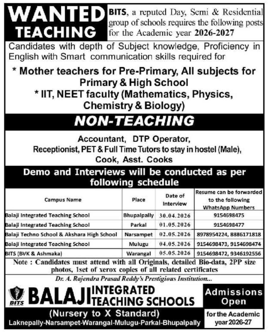 Hiring Staff at BITS (Balaji Integrated Teaching Schools)