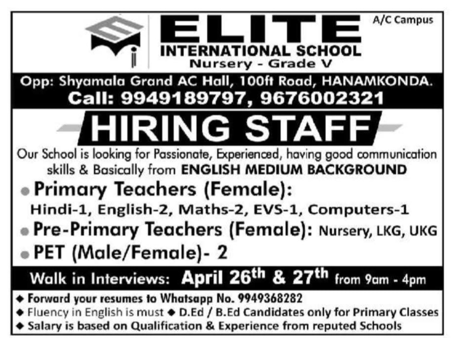 Hiring Staff at Elite International School