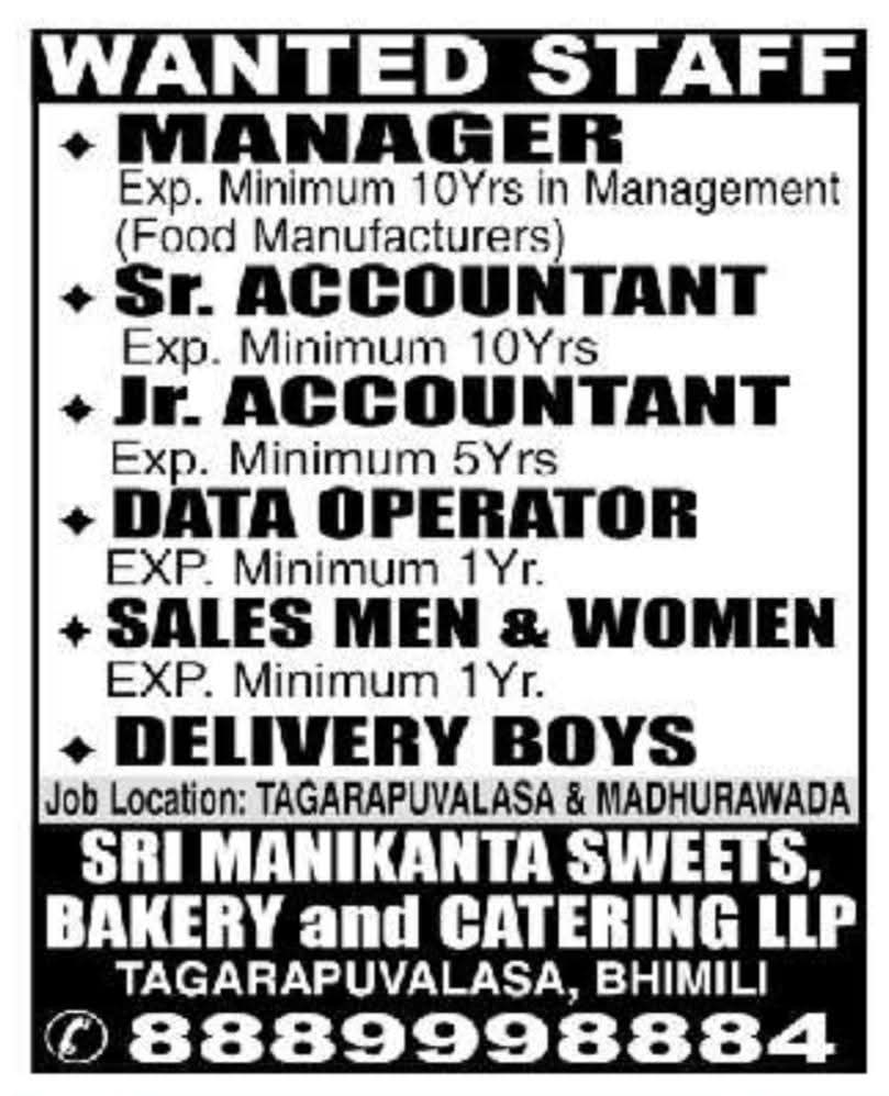 Hiring Staff at Sri Manikanta Sweets, Bakery and Catering LLP