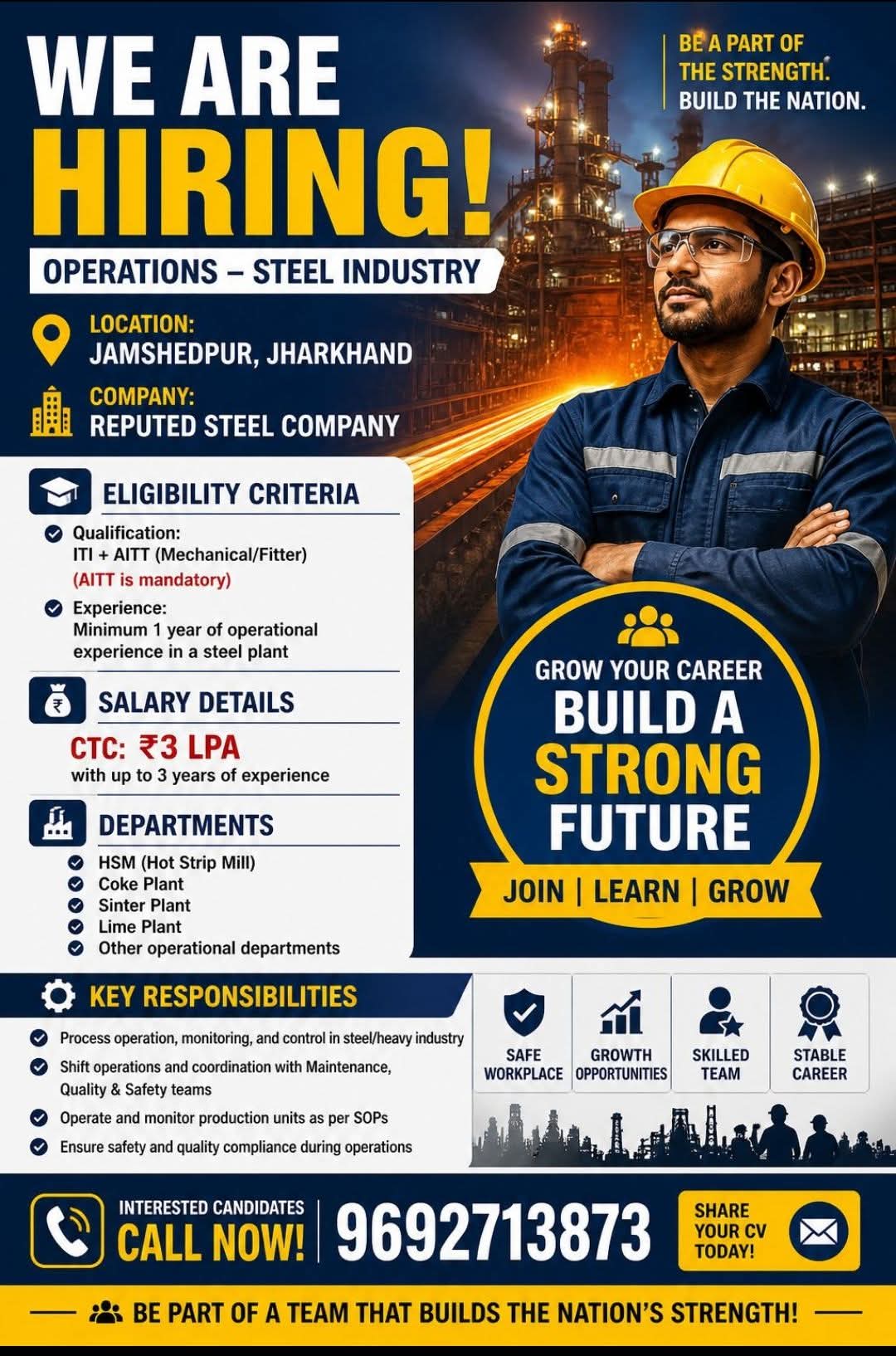 Hiring: Steel Plant Operations Staff (Jamshedpur)