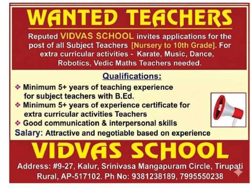 Hiring  Subject & Activity Teachers at Vidvas School