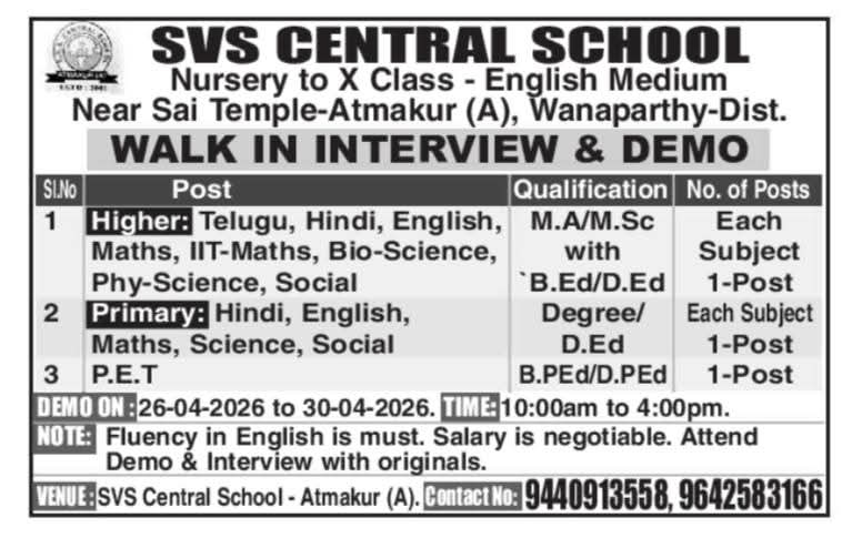 Hiring Teacher at SVS Central School