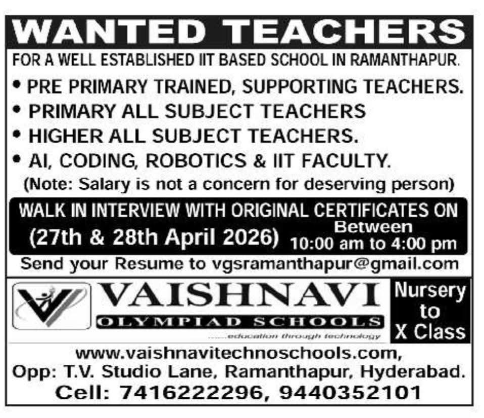 Hiring Teachers at Vaishnavi Olympiad Schools