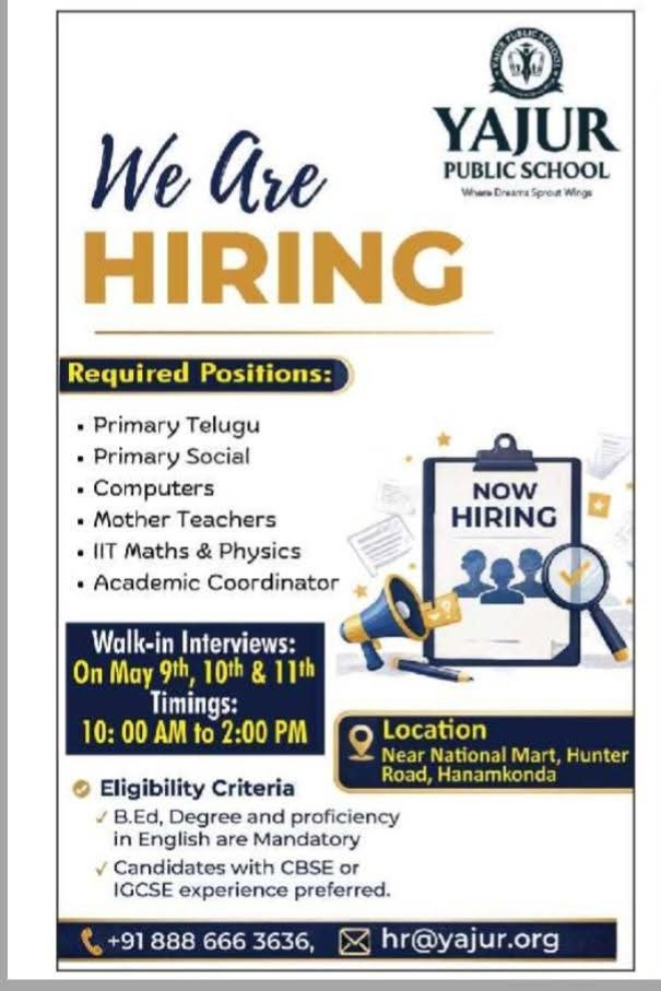 Hiring Teachers & Academic Coordinators at Yajur Public School