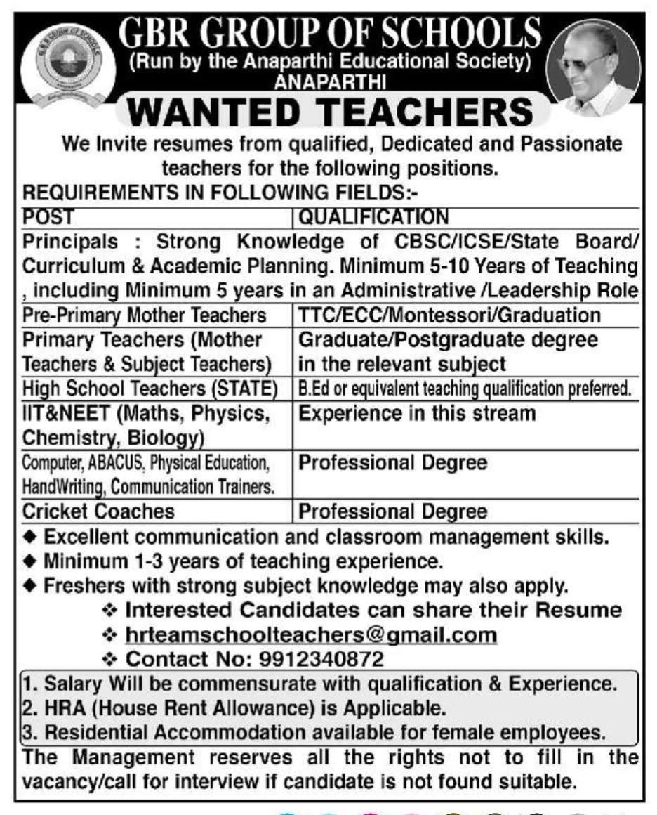 Hiring Teachers and Staff at GBR Group of Schools