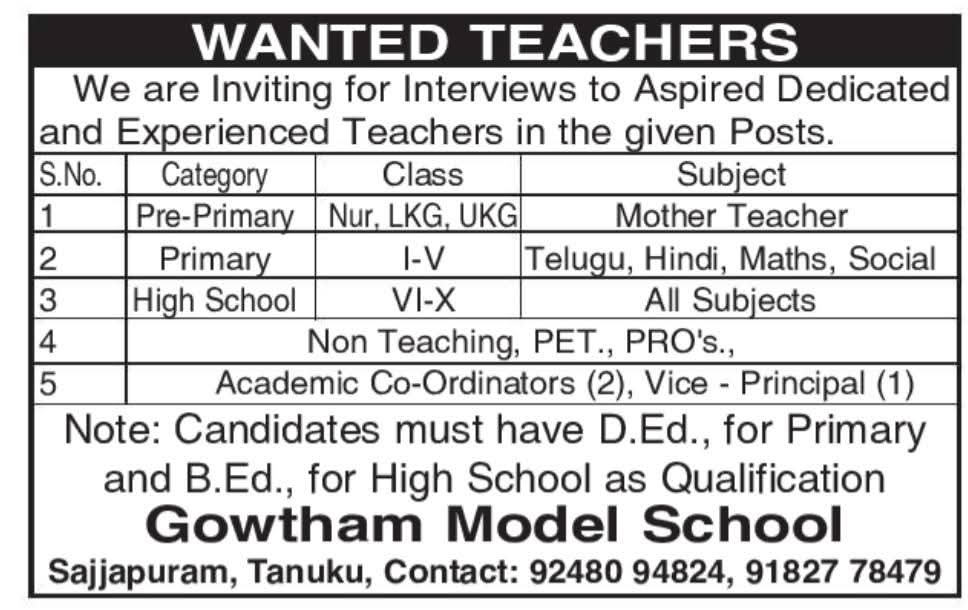 Hiring Teachers and Staff at Gowtham Model School