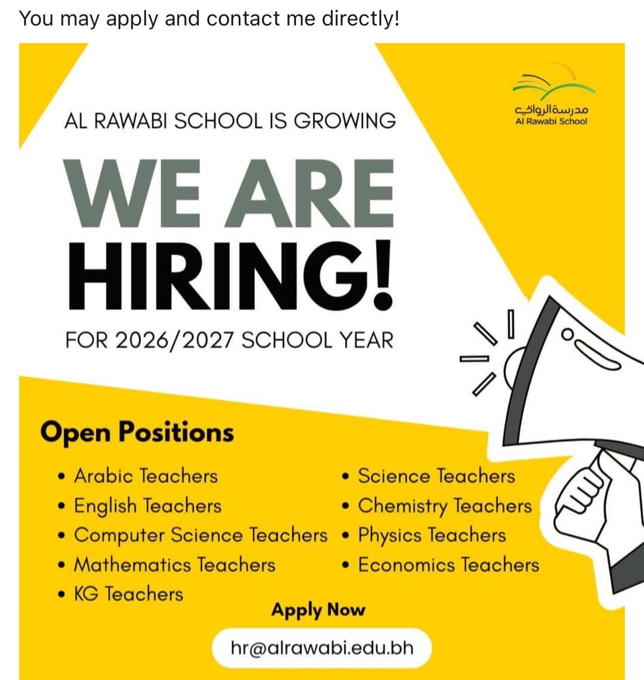 Hiring: Teachers at Al Rawabi School for 2026/2027 School Year