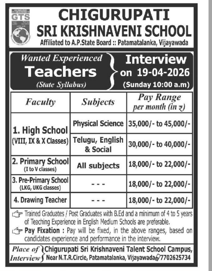 Hiring Teachers At Chigurupati Sri Krishnaveni School