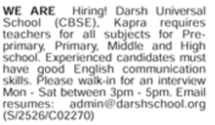 Hiring Teachers At Darsh Universal School