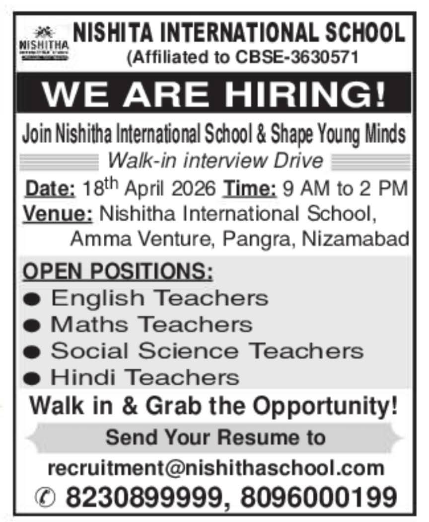 Hiring Teachers At Nishitha International School