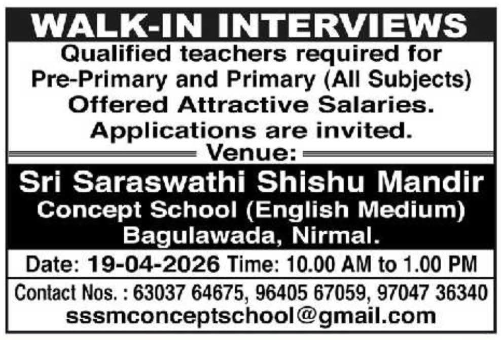 Hiring Teachers At Sri Saraswathi Shishu Mandir Concept School