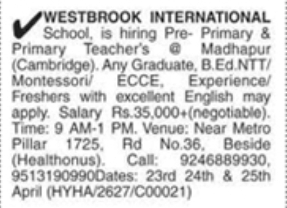 Hiring Teachers At Westbrook International School