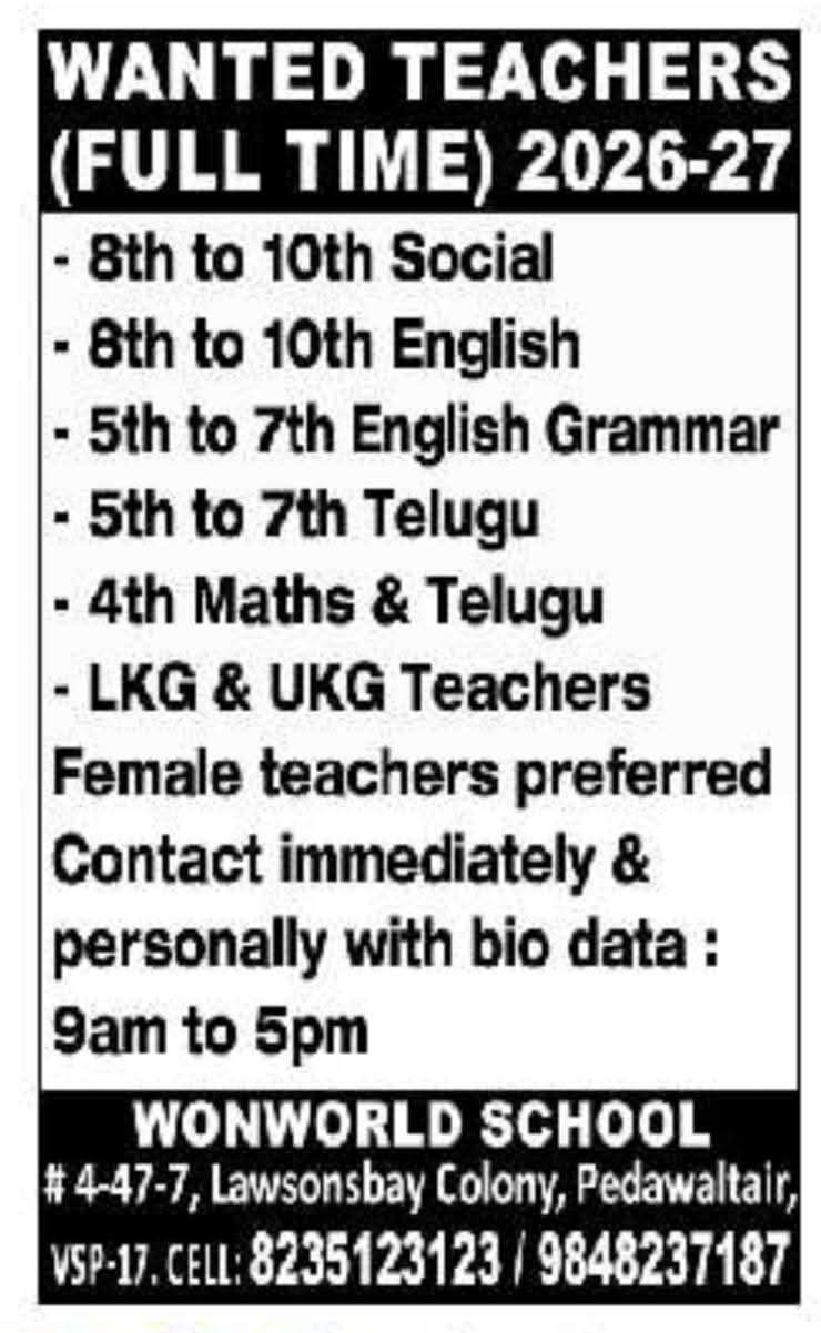 Hiring Teachers At Wonworld School