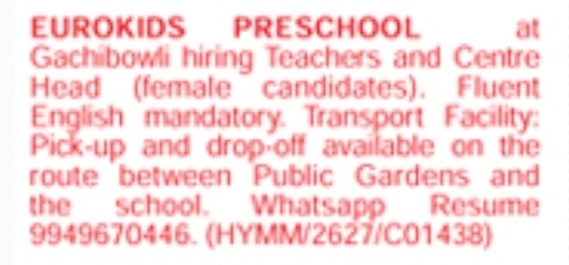 Hiring: Teachers & Centre Head at EuroKids Preschool