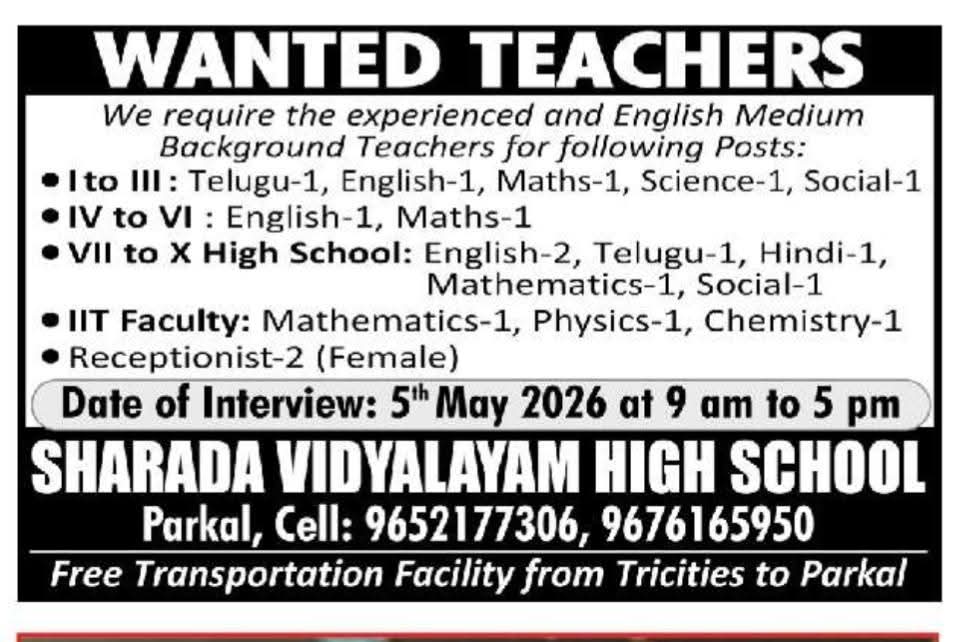 Hiring Teachers (I-X), IIT Faculty & Receptionists