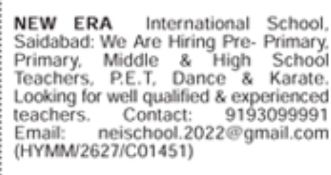 Hiring: Teachers & Instructors at New Era International School