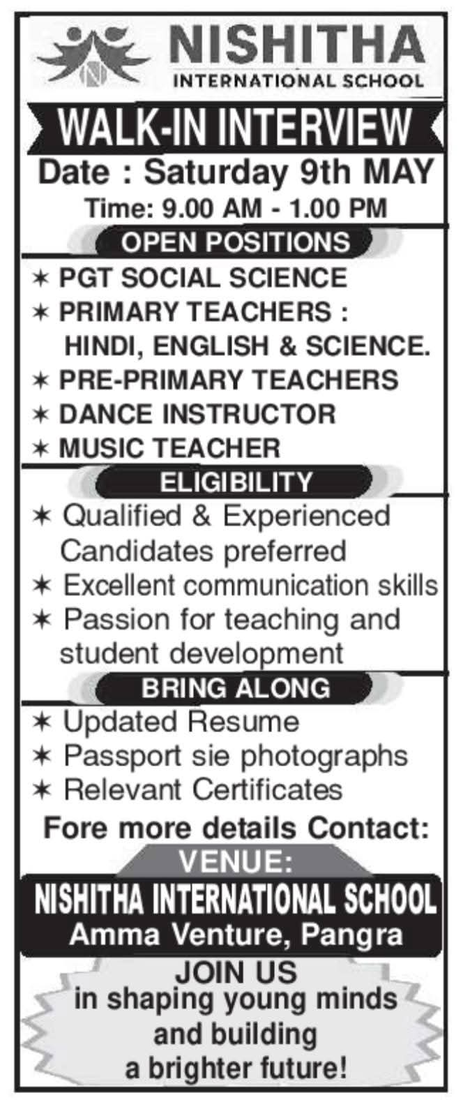 Hiring Teachers & Instructors at Nishitha International School