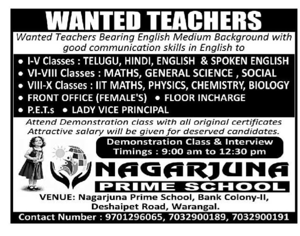 Hiring Teachers, Lady Vice Principal & Support Staff at Nagarjuna Prime School