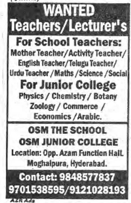 Hiring: Teachers & Lecturers at OSM School & Junior College