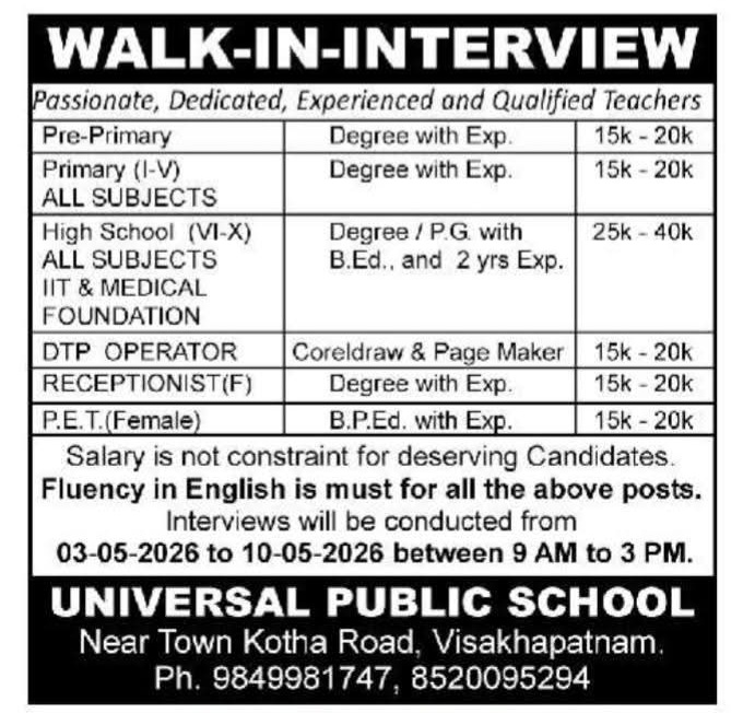 Hiring Teachers, P.E.T, Receptionist & DTP Operator