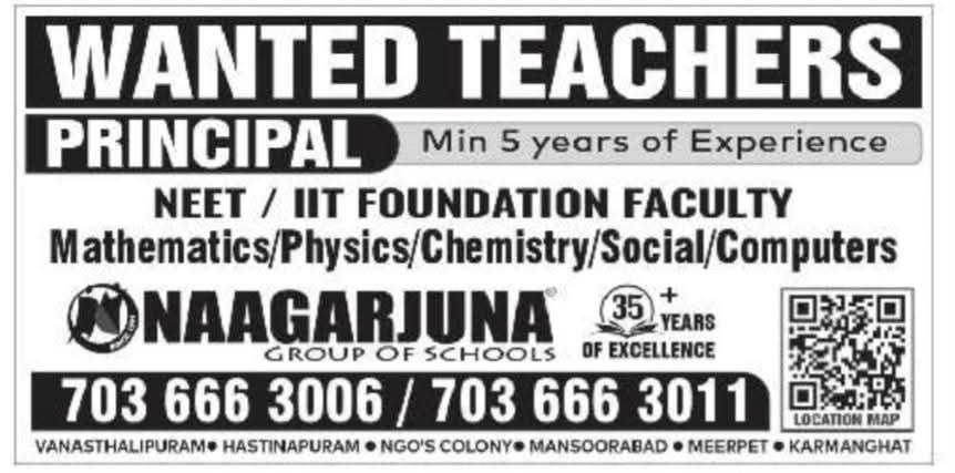 Hiring: Teachers & Principal at Naagarjuna Group of Schools