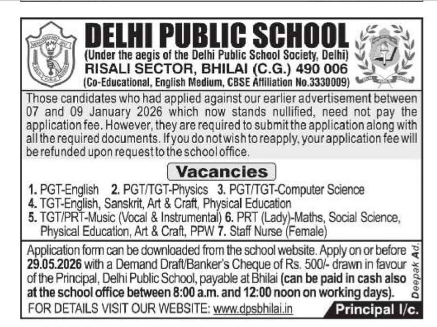 Hiring: Teachers & Staff at Delhi Public School (Bhilai)