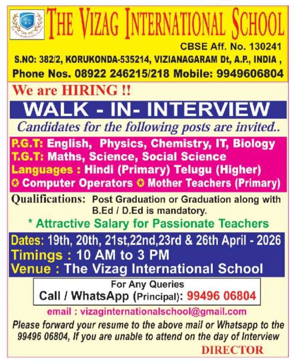 Hiring Teachers & Staff At Vizag International School