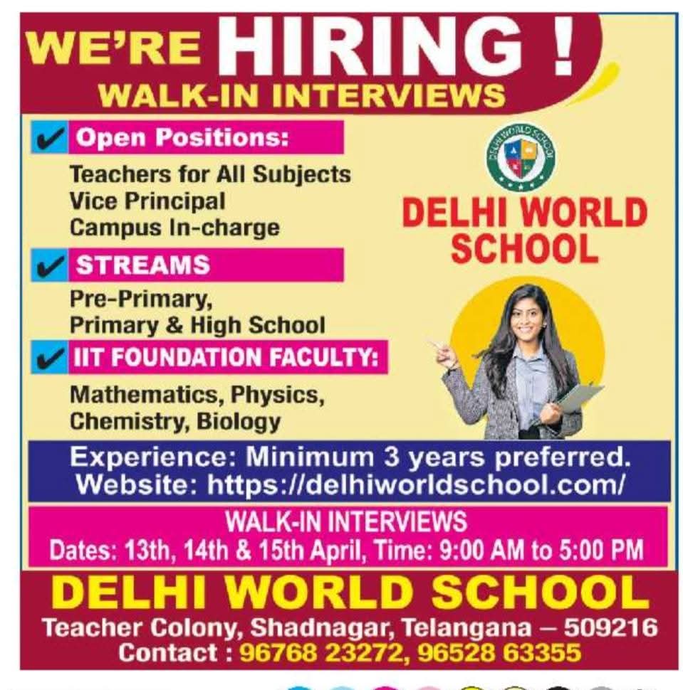 Hiring Teachers, Vice Principal, and IIT Faculty At Delhi World School