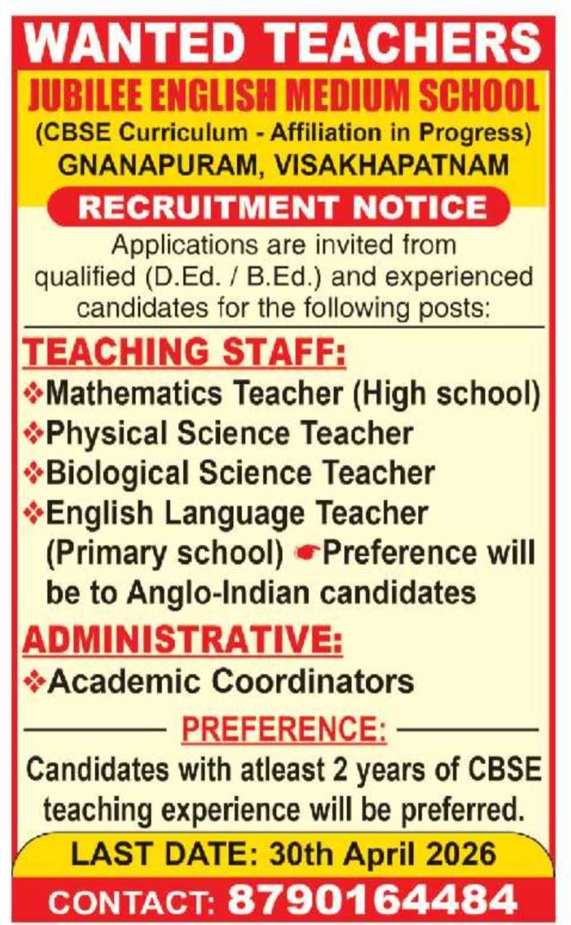 Hiring Teaching & Administrative Staff At Jubilee English Medium School