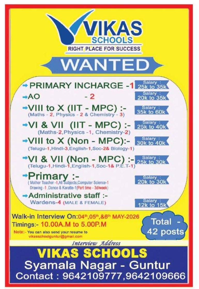 Hiring Teaching & Administrative Staff at Vikas Schools