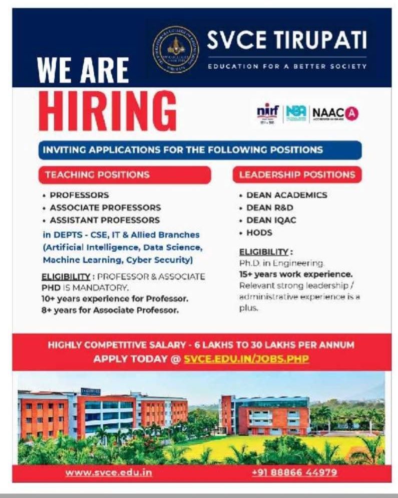 Hiring Teaching & Leadership Positions at SVCE Tirupati