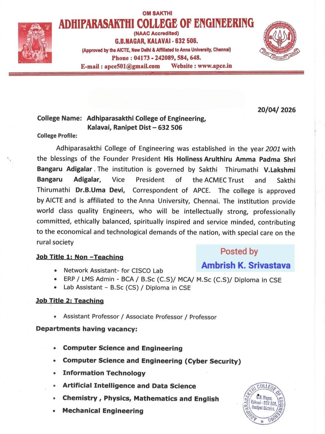 Hiring: Teaching & Non-Teaching Positions at Adhiparasakthi College of Engineering