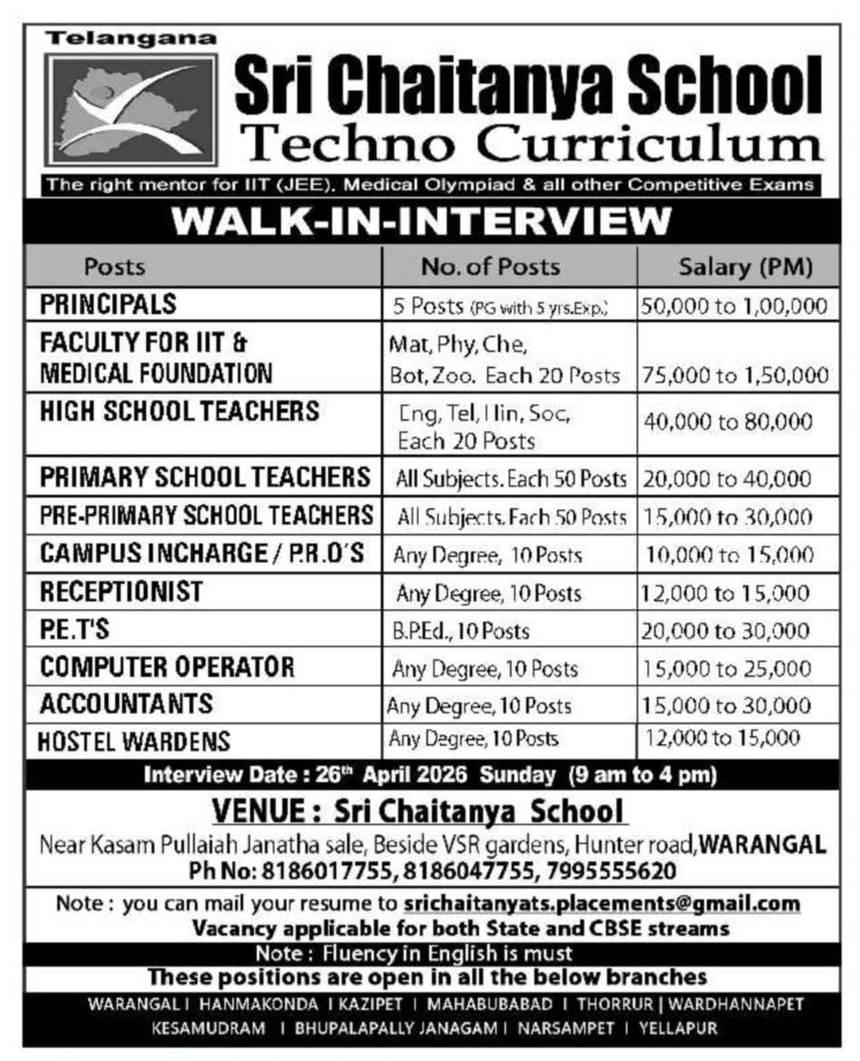 Hiring Teaching & Non-Teaching Positions at Sri Chaitanya School