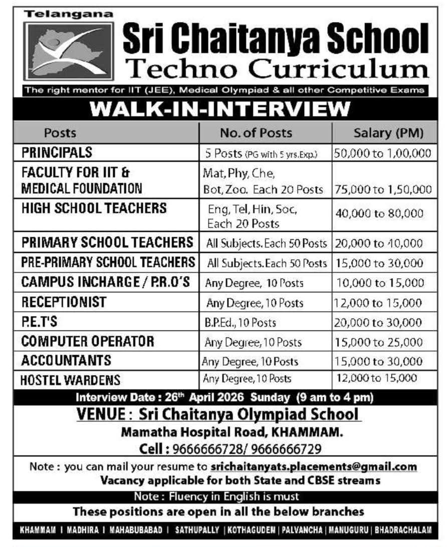Hiring Teaching & Non-Teaching Positions at Sri Chaitanya School