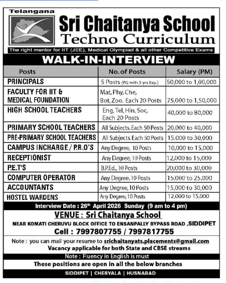 Hiring Teaching & Non-Teaching Positions at Sri Chaitanya School