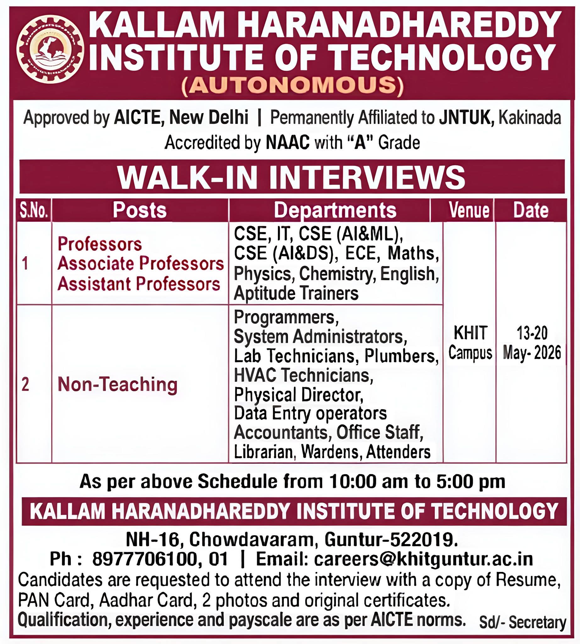 Hiring: Teaching & Non-Teaching Roles at KHIT