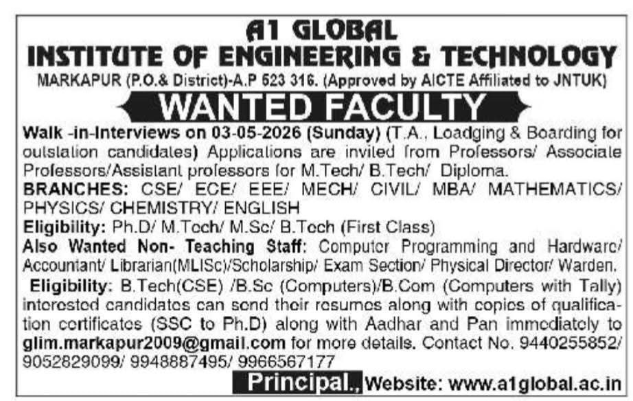 Hiring: Teaching & Non-Teaching Staff at A1 Global Institute