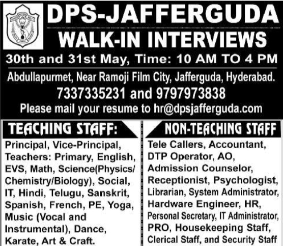 Hiring: Teaching & Non-Teaching Staff at DPS-Jafferguda