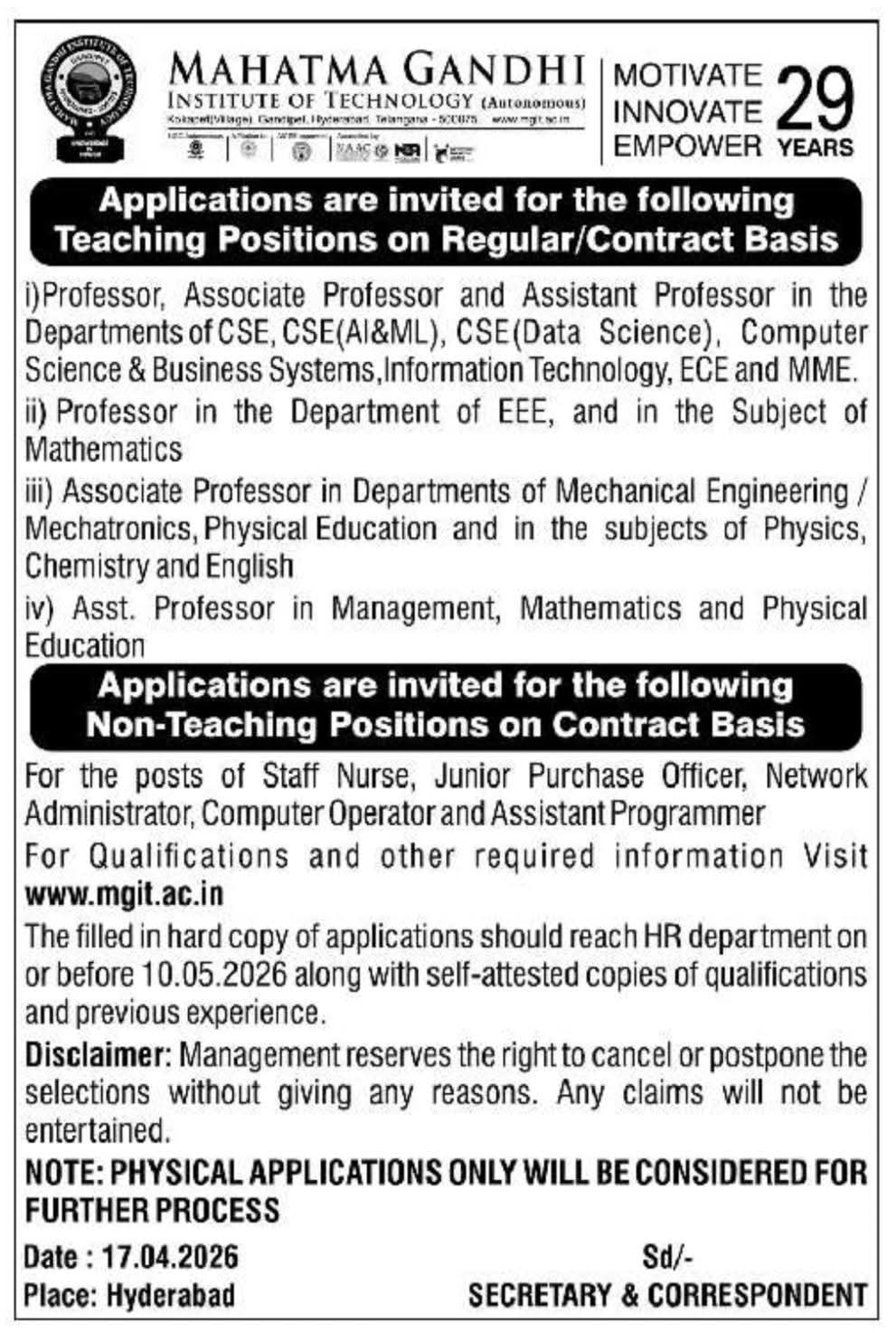 Hiring Teaching & Non Teaching Staff At Mahatma Gandhi Institute of Technology