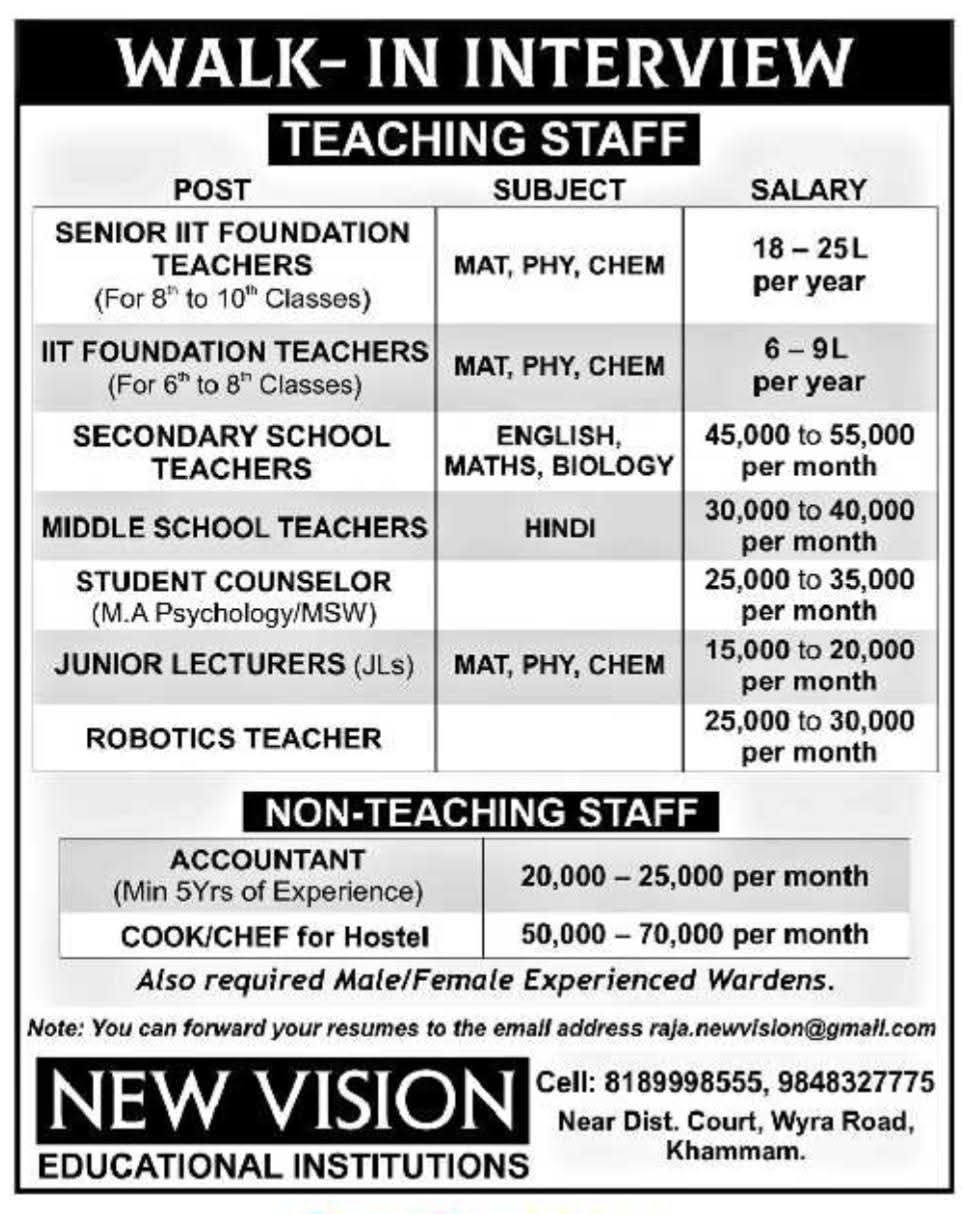 Hiring Teaching & Non-Teaching Staff at New Vision Educational Institutions