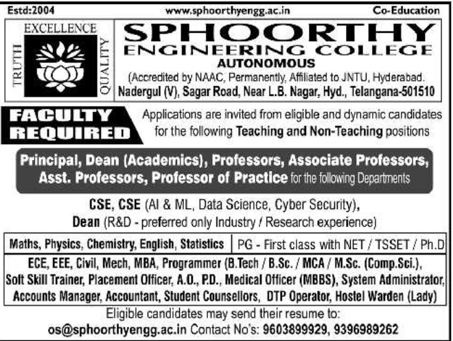Hiring: Teaching & Non-Teaching Staff at Sphoorthy Engineering College