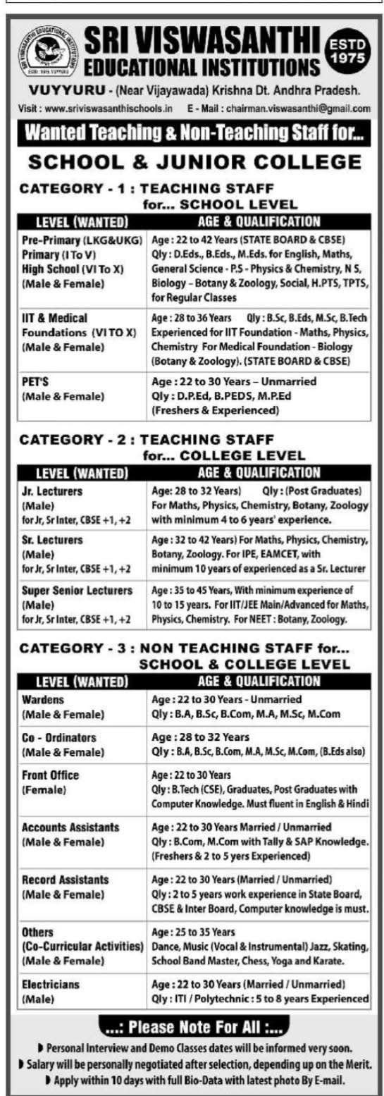 Hiring  Teaching & Non-Teaching Staff At Sri Viswasanthi Educational Institutions