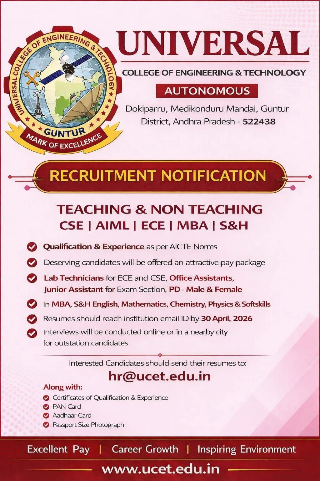Hiring Teaching & Non-Teaching Staff at Universal College of Engineering & Technology