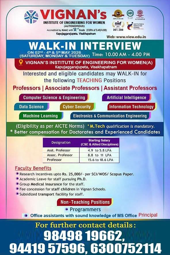 Hiring Teaching & Non-Teaching Staff at Vignan's Institute of Engineering for Women