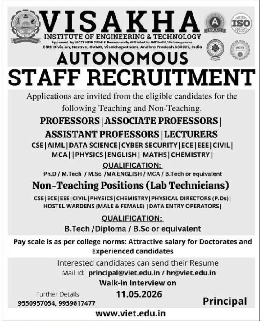 Hiring Teaching & Non-Teaching Staff at Visakha Institute of Engineering & Technology