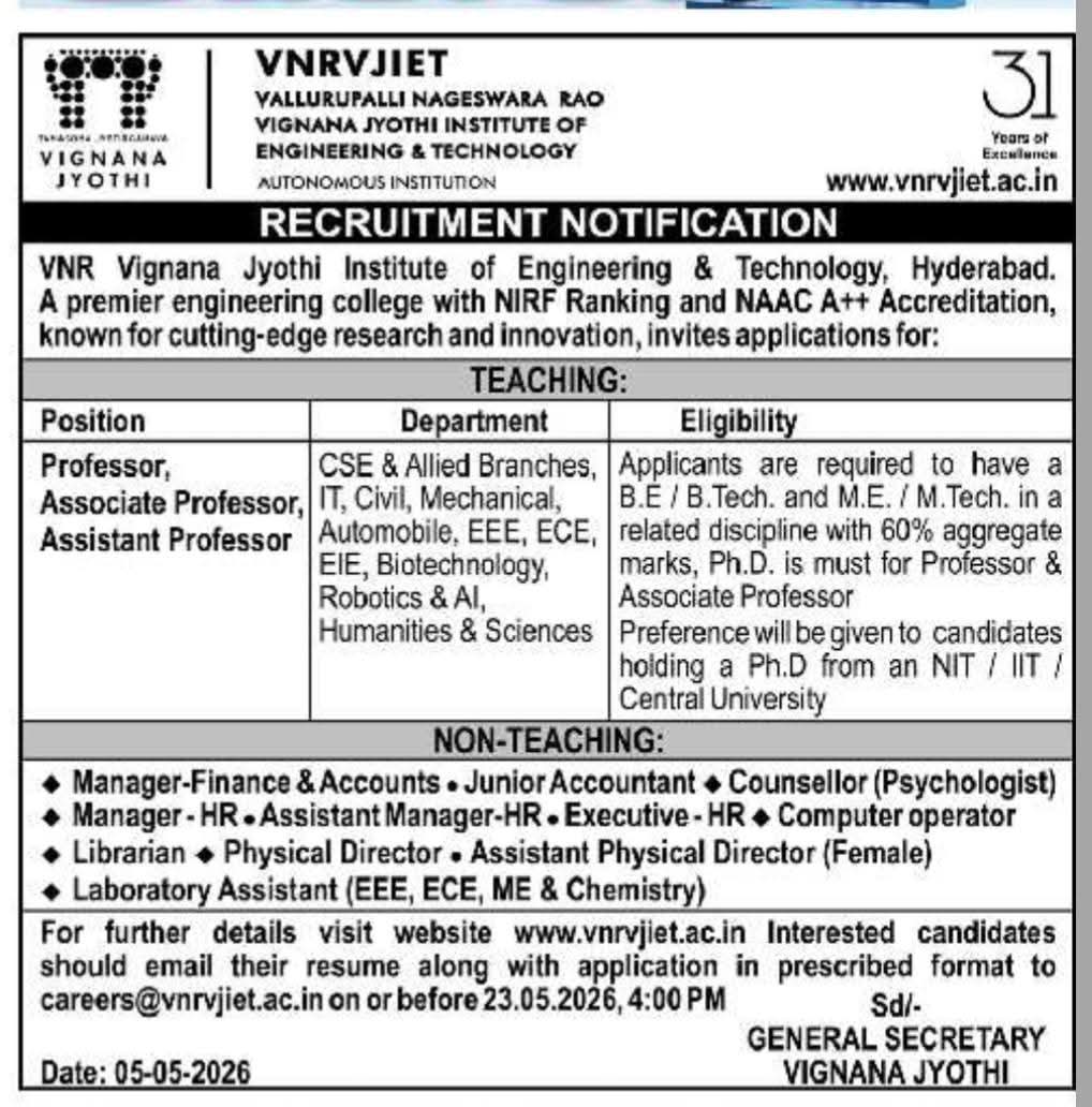 Hiring Teaching & Non-Teaching Staff at VNRVJIET