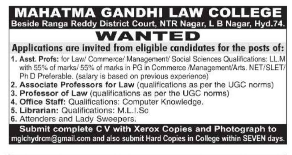 Hiring Teaching & Non-Teaching Staff at Mahatma Gandhi Law College